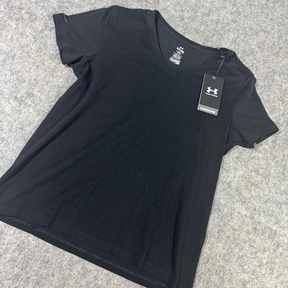 Under Armour Women Black Charged Cotton V-Neck Loose Fit T-Shirt Small 1373686